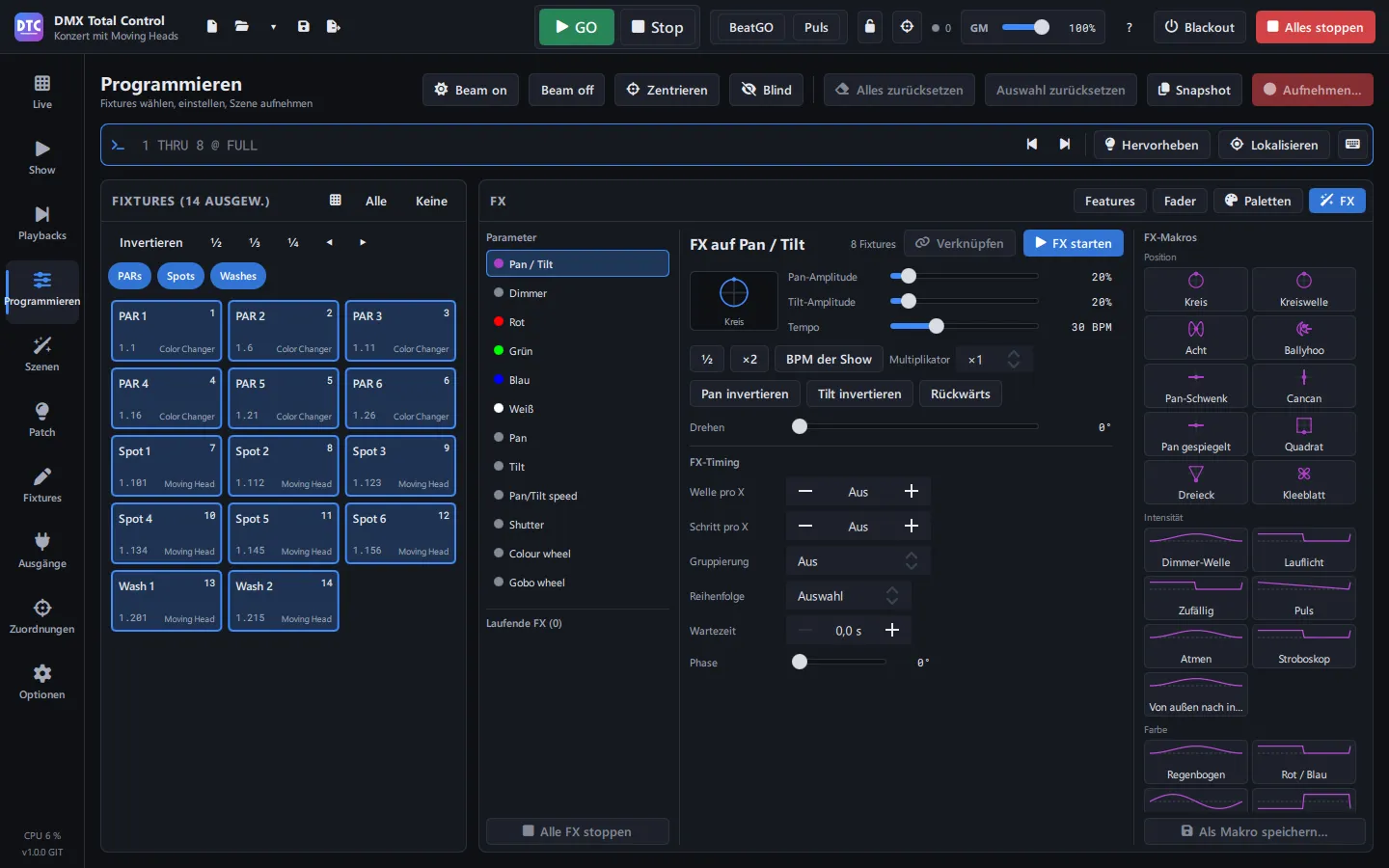 Ein Pan-/Tilt-FX auf der Seite Programmieren, mit seinen Makros