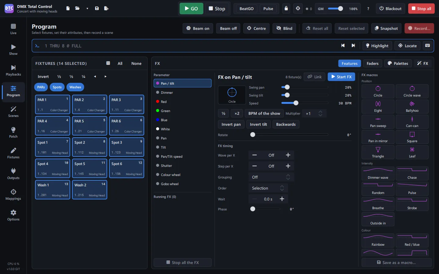 A pan and tilt FX on the Program page, with its macros