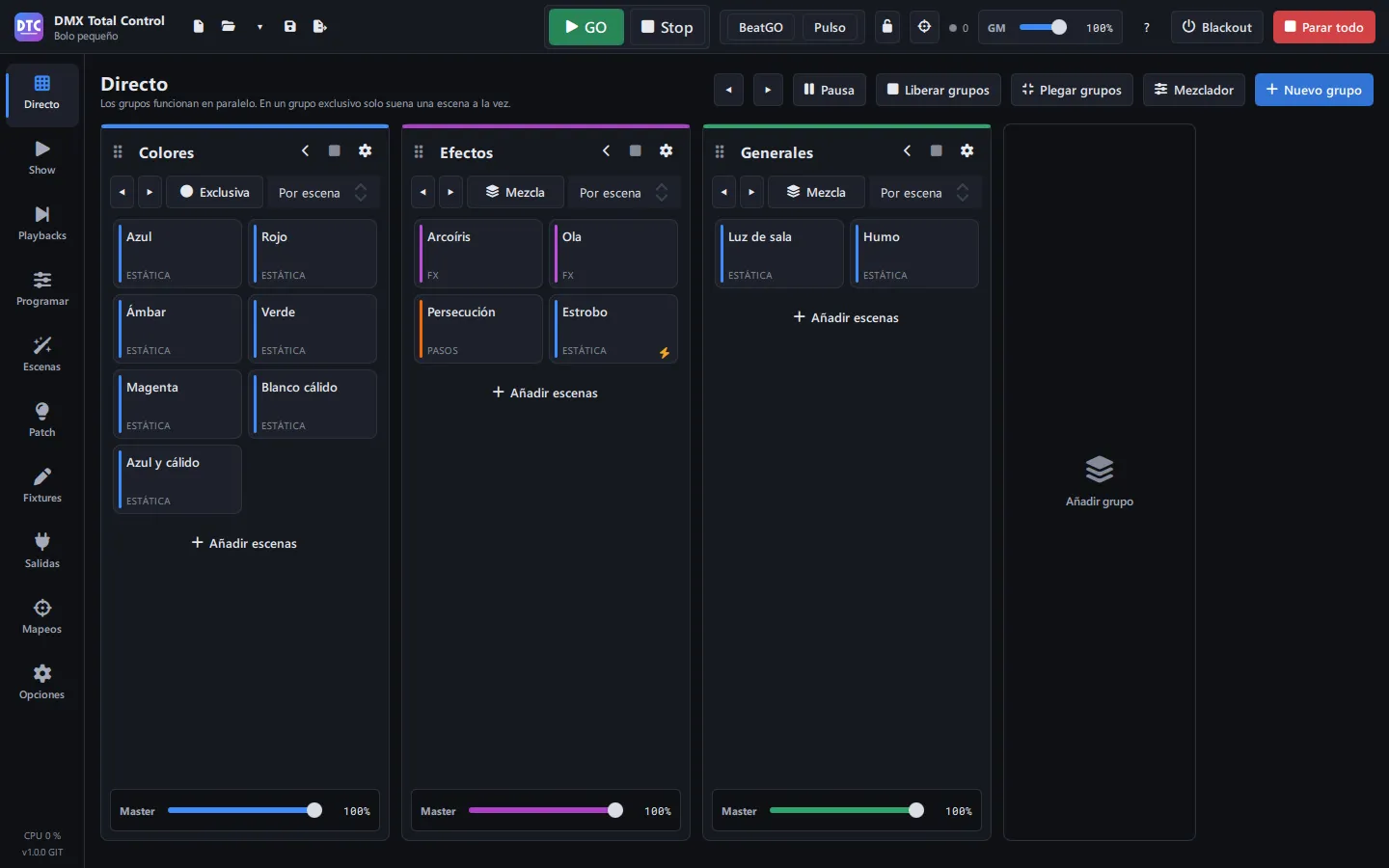 La página Directo de DMX Total Control: tres grupos de escenas (colores, efectos y generales) con su master