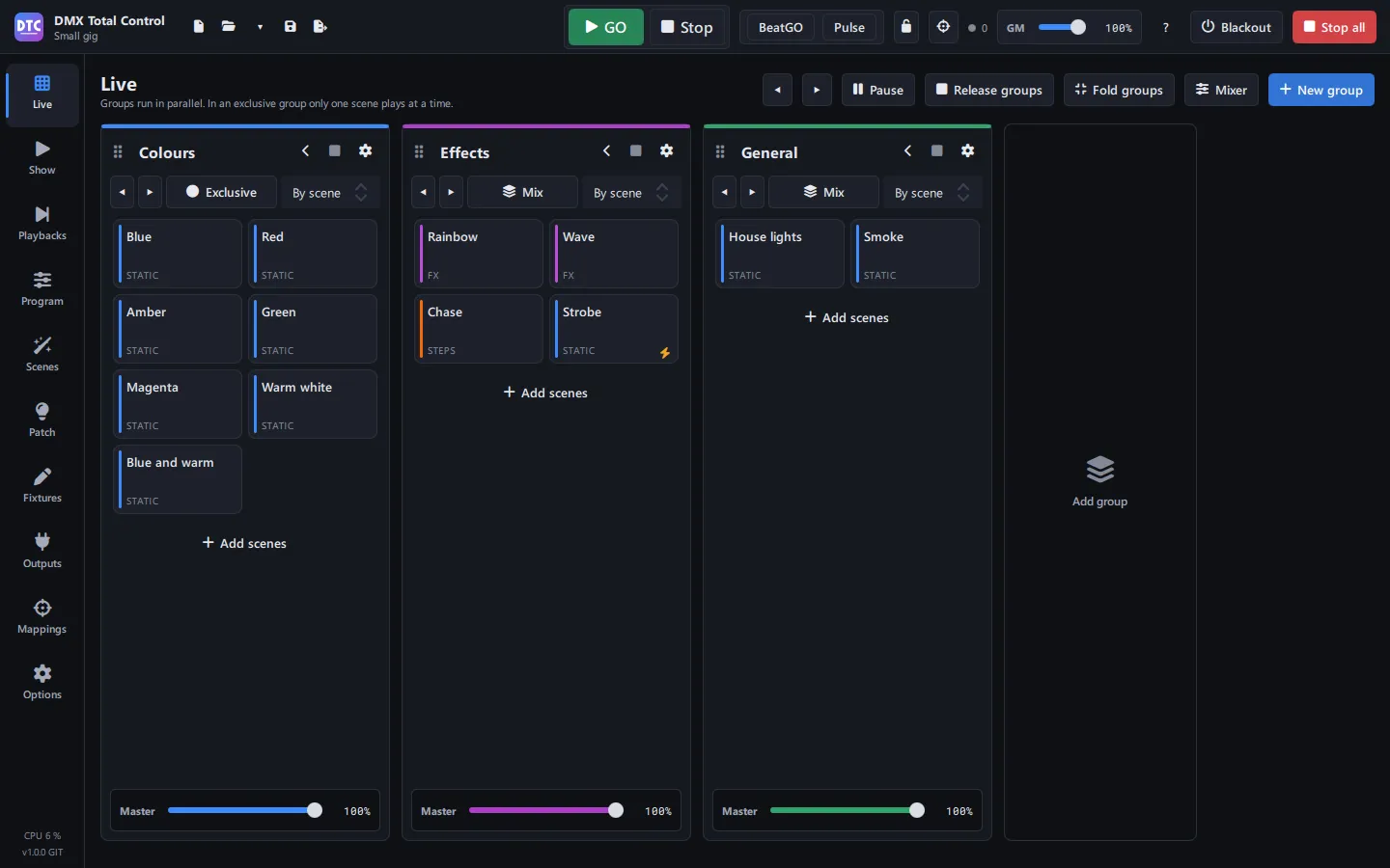 The Live page of DMX Total Control: three scene groups (colours, effects and general) with their masters
