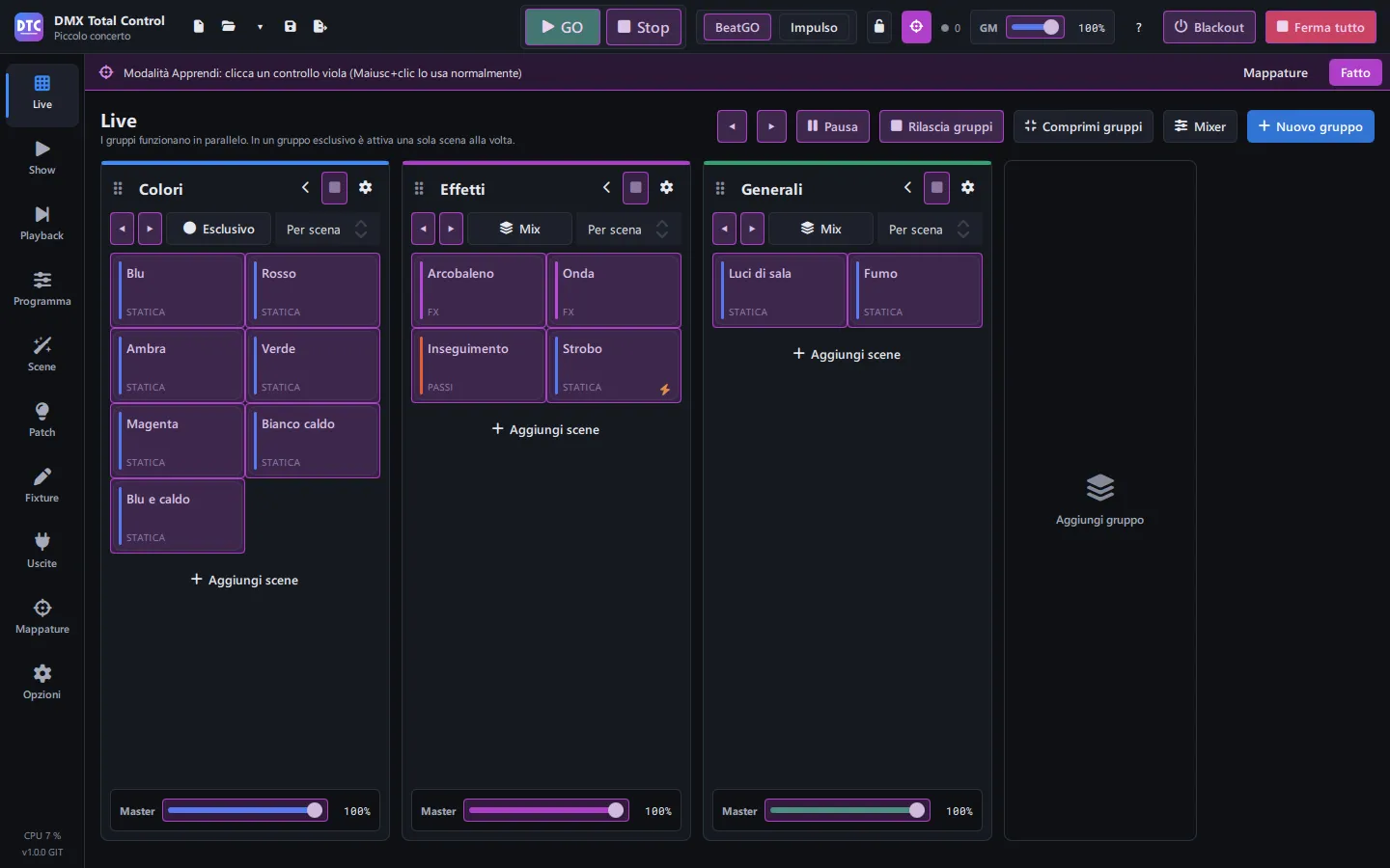 La modalità Apprendi, con i controlli mappabili segnati in viola