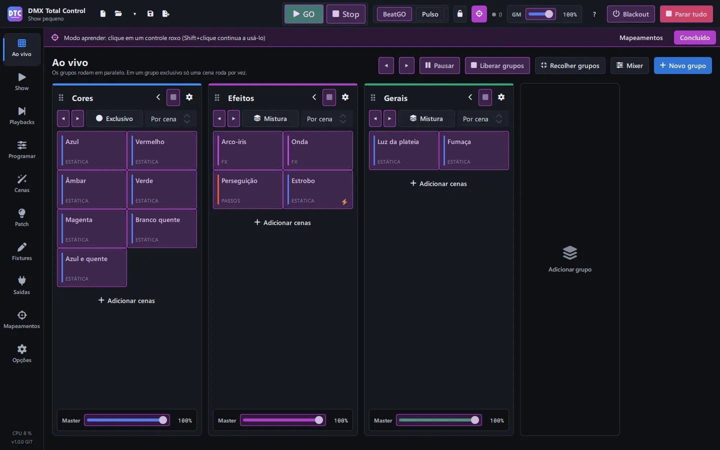 O modo Mapear, com os controles que podem ser mapeados marcados em roxo