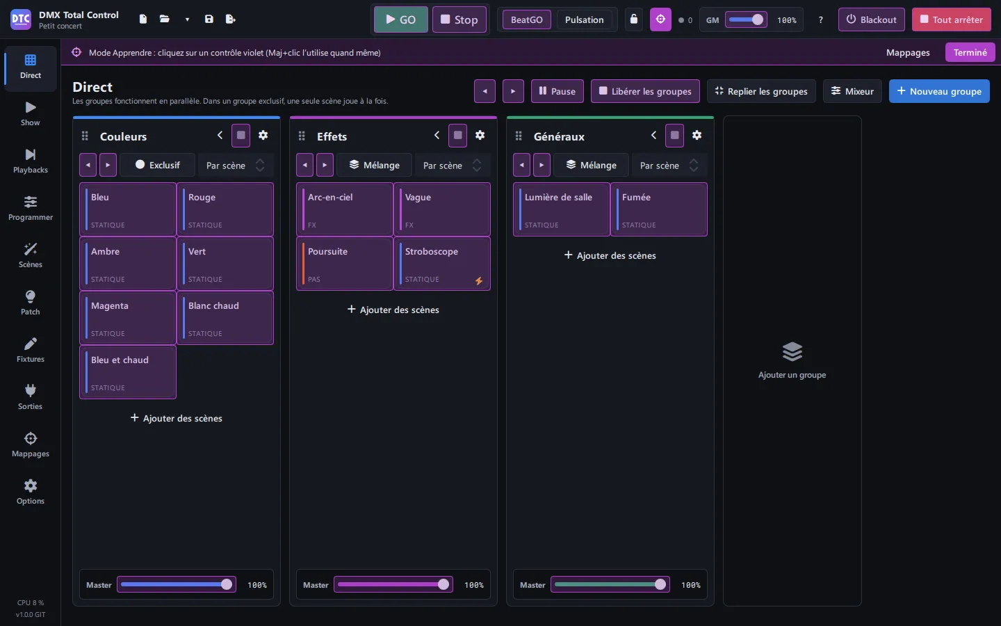 Le mode Mapper, avec les contrôles qui peuvent être mappés marqués en violet