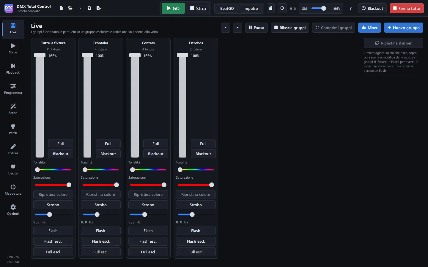 Il mixer dal vivo della pagina Live, per gruppo di fixture
