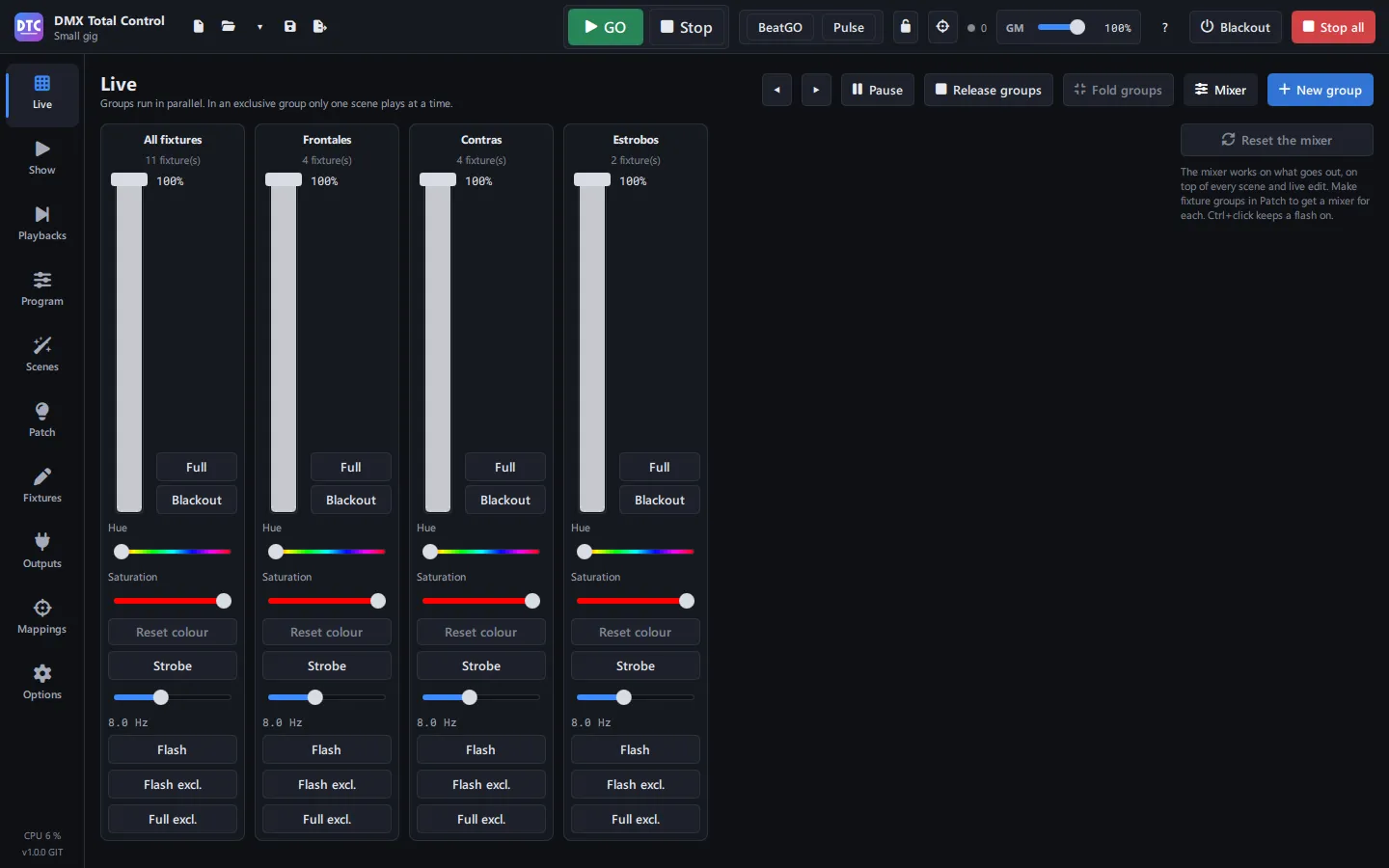 The live mixer of the Live page, per fixture group