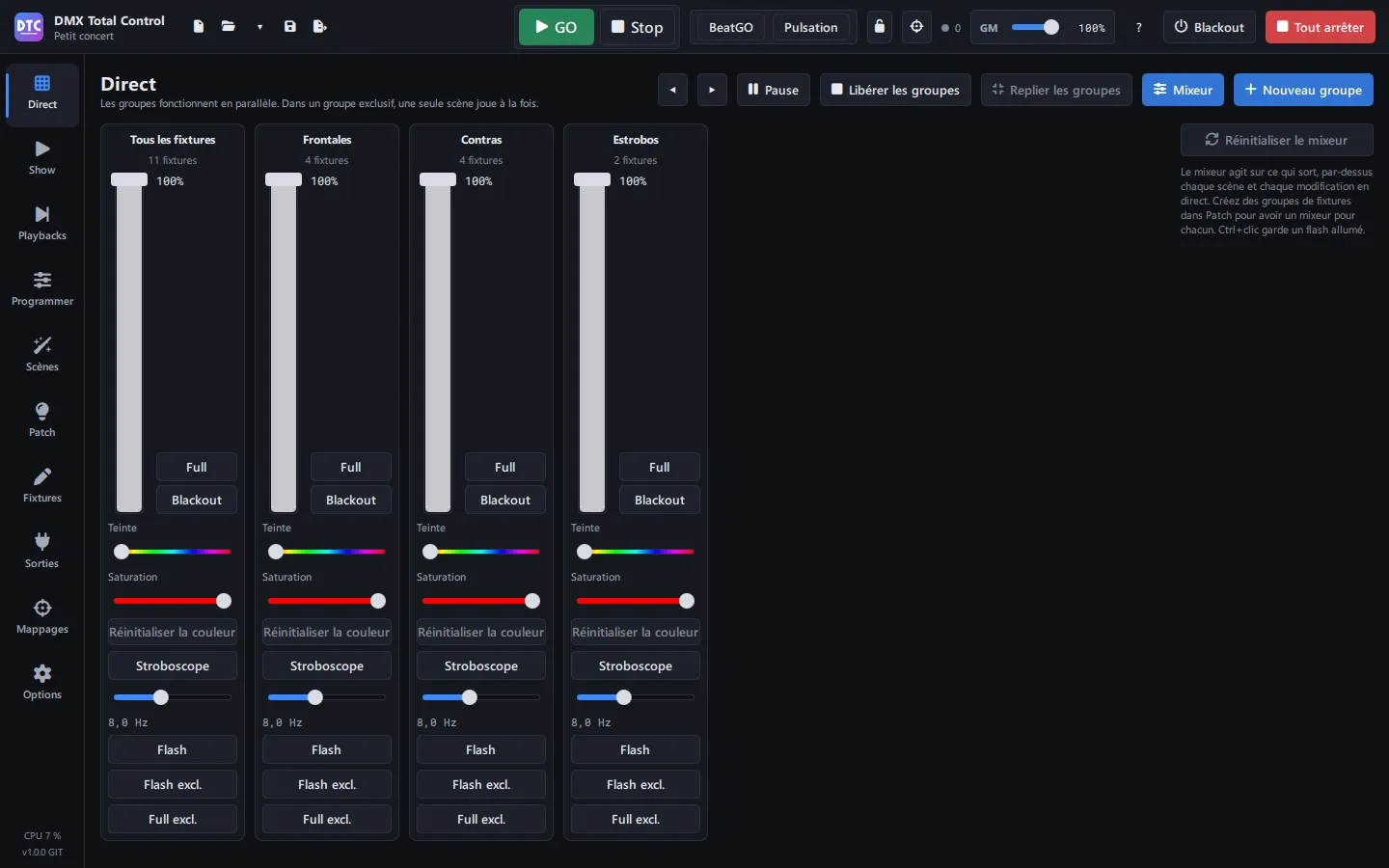 Le mixeur en direct de la page Direct, par groupe de fixtures