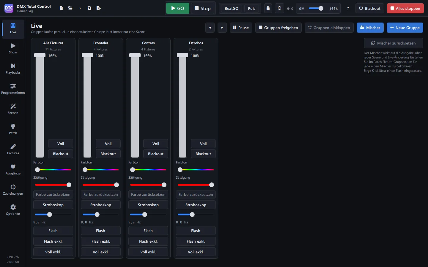 Der Live-Mischer auf der Seite Live, pro Fixture-Gruppe