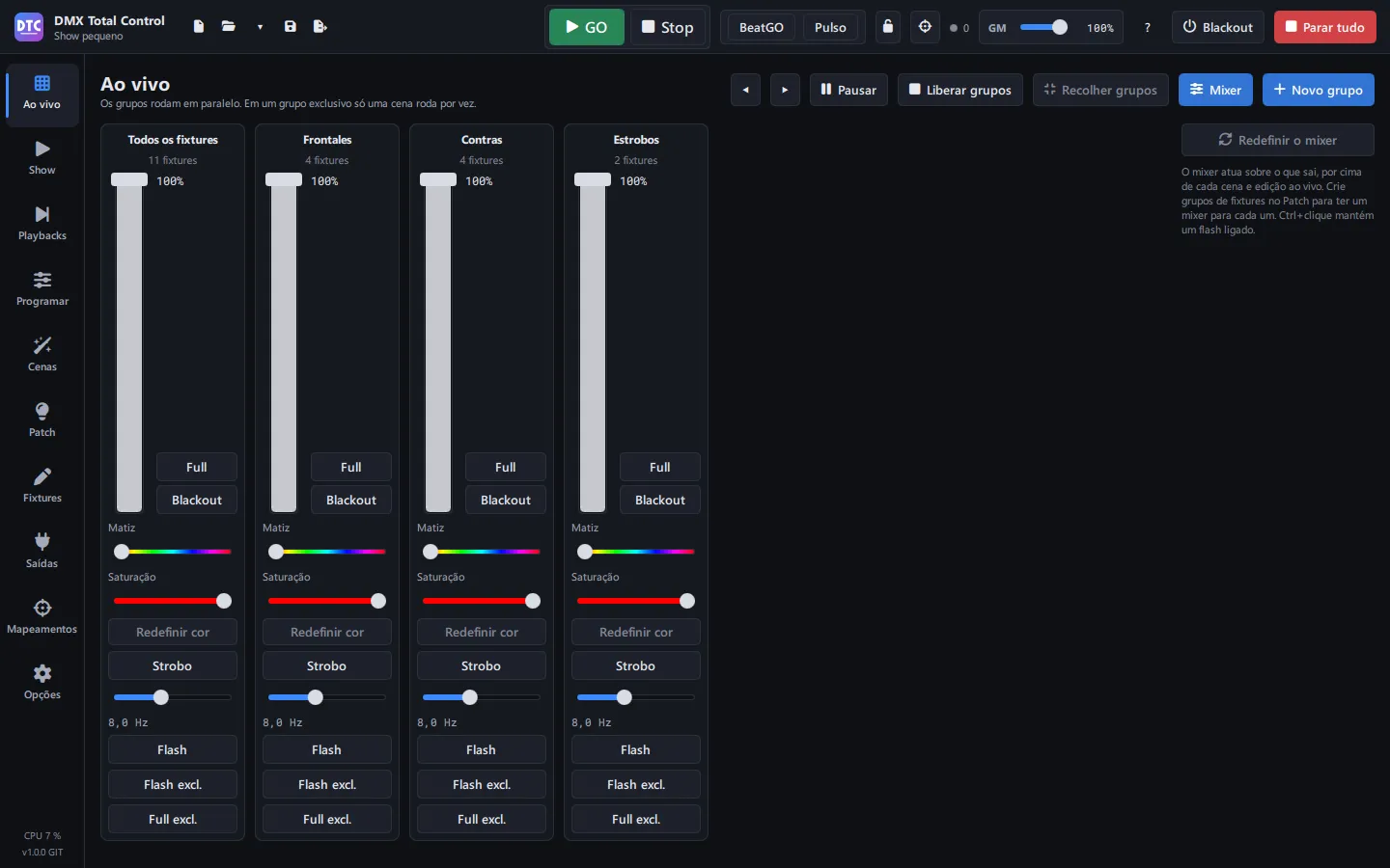 O mixer ao vivo da página Ao vivo, por grupo de fixtures