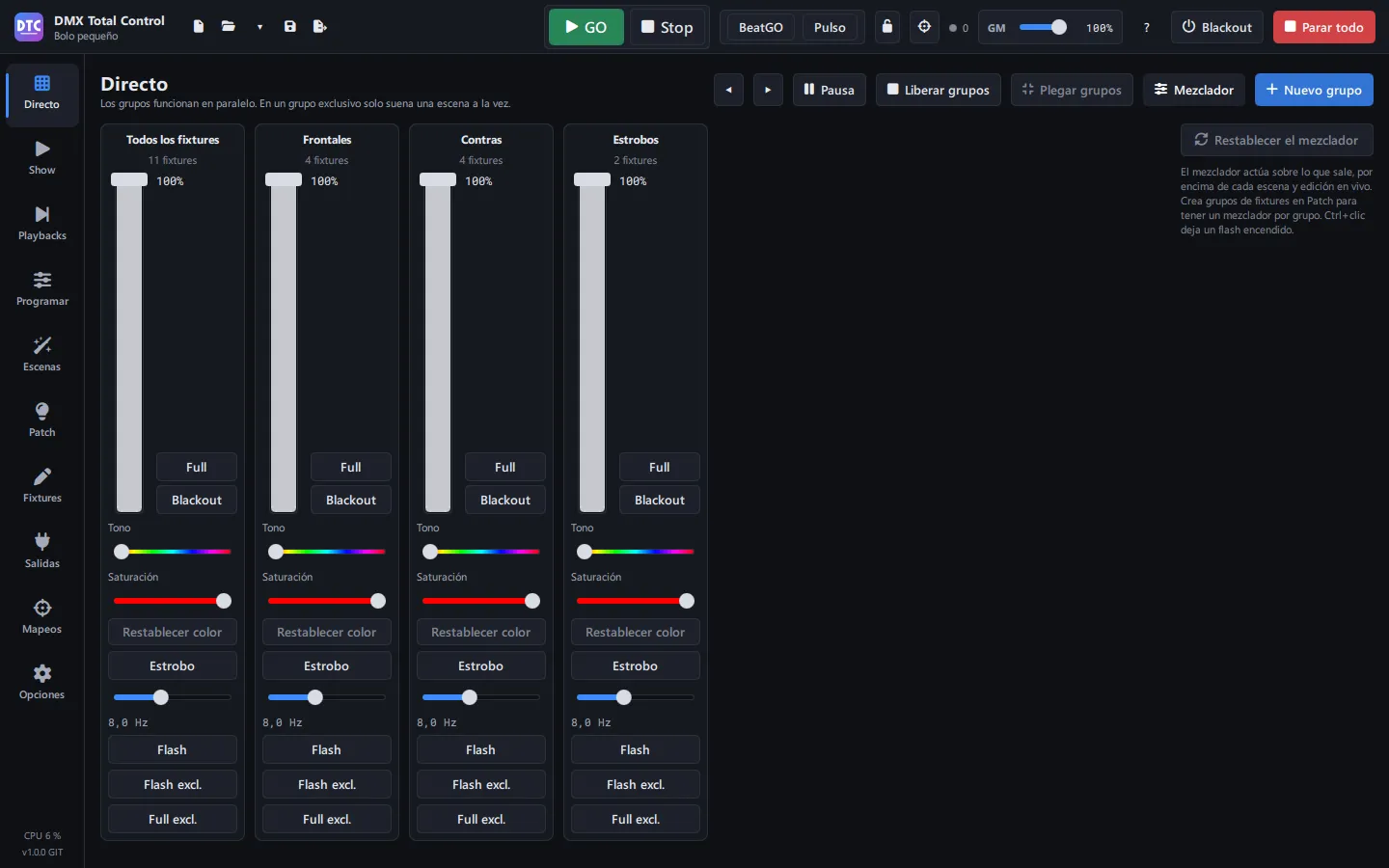 El mezclador en vivo de la página Directo, por grupo de fixtures