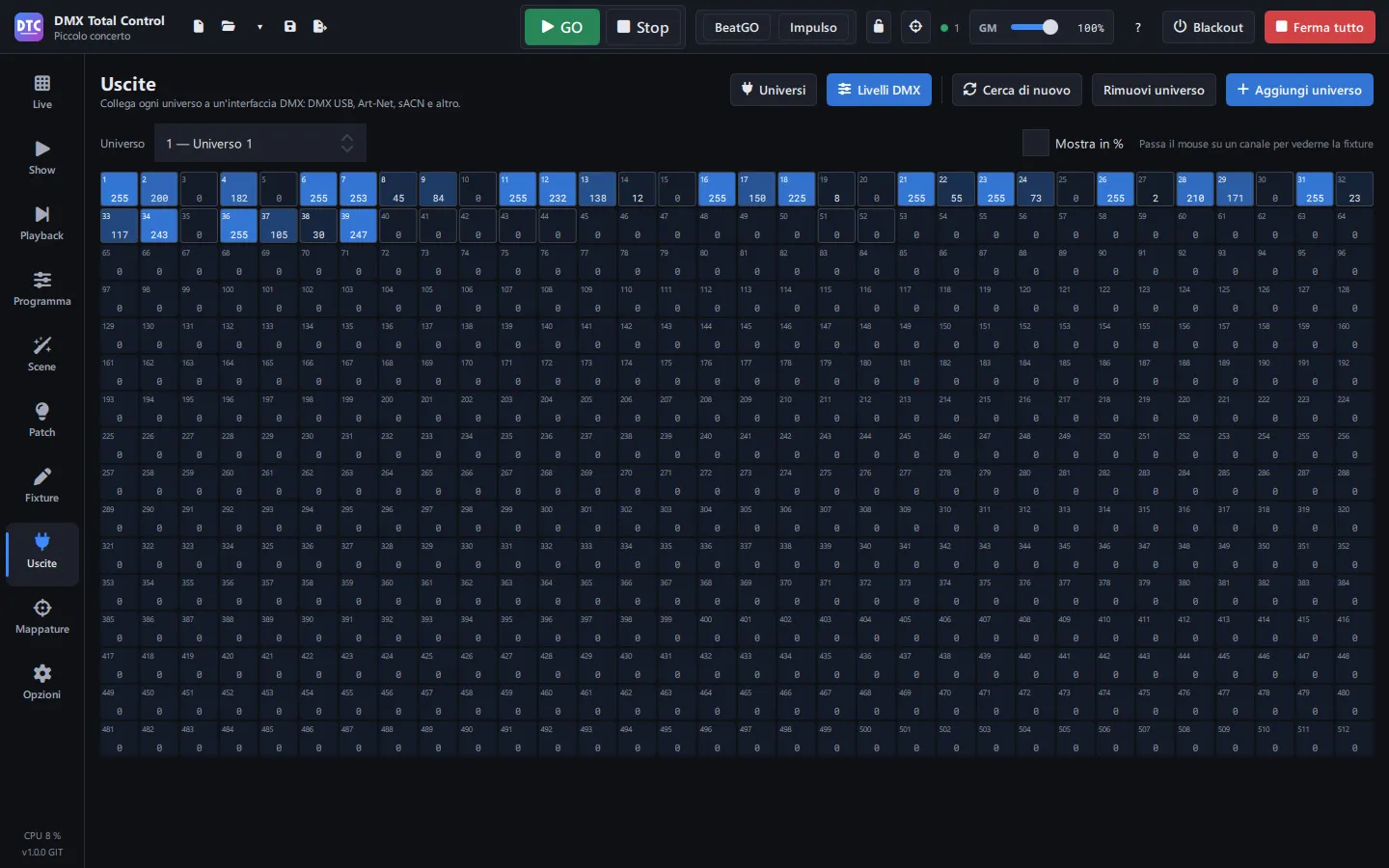 I livelli DMX di un universo con un effetto in riproduzione