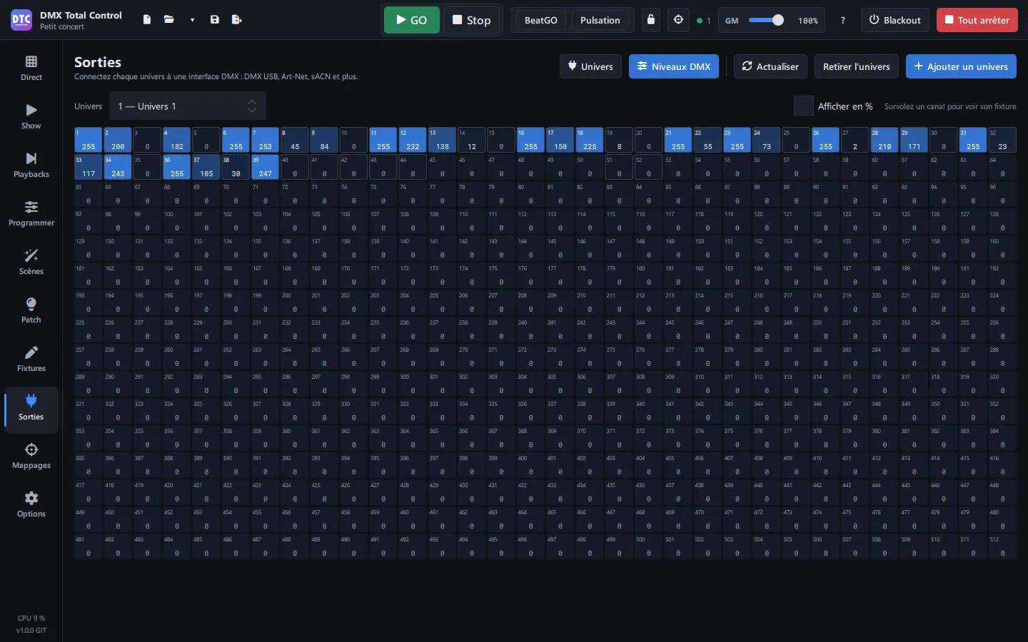 Les niveaux DMX d’un univers avec un effet en cours