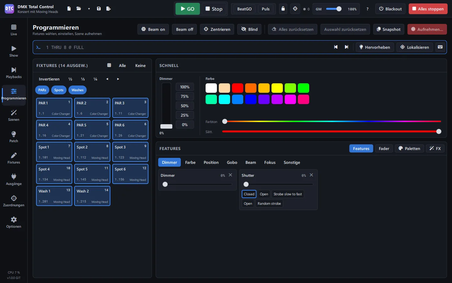 Ein Pan-/Tilt-FX auf der Seite Programmieren