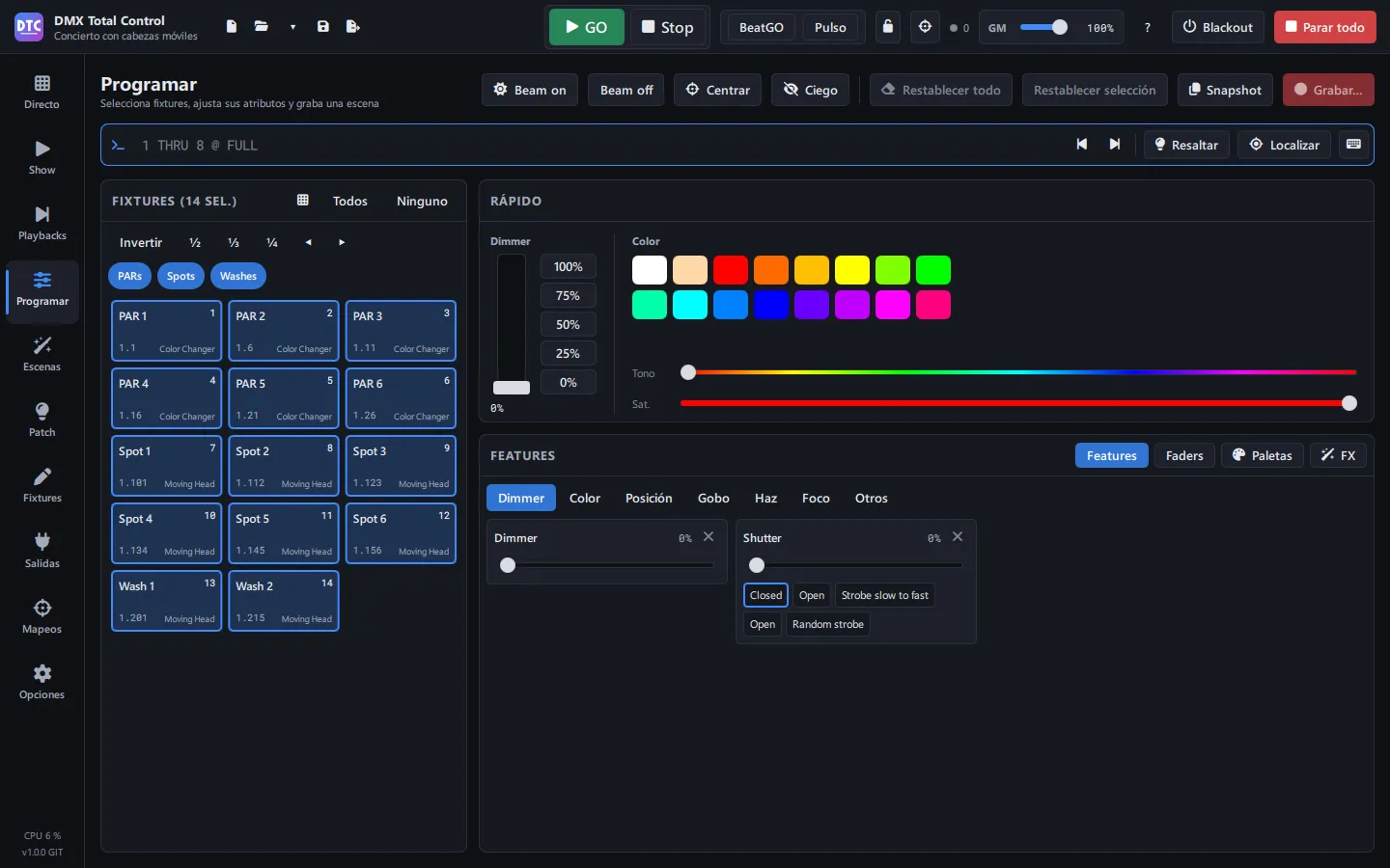 Un FX de pan y tilt en la página Programar