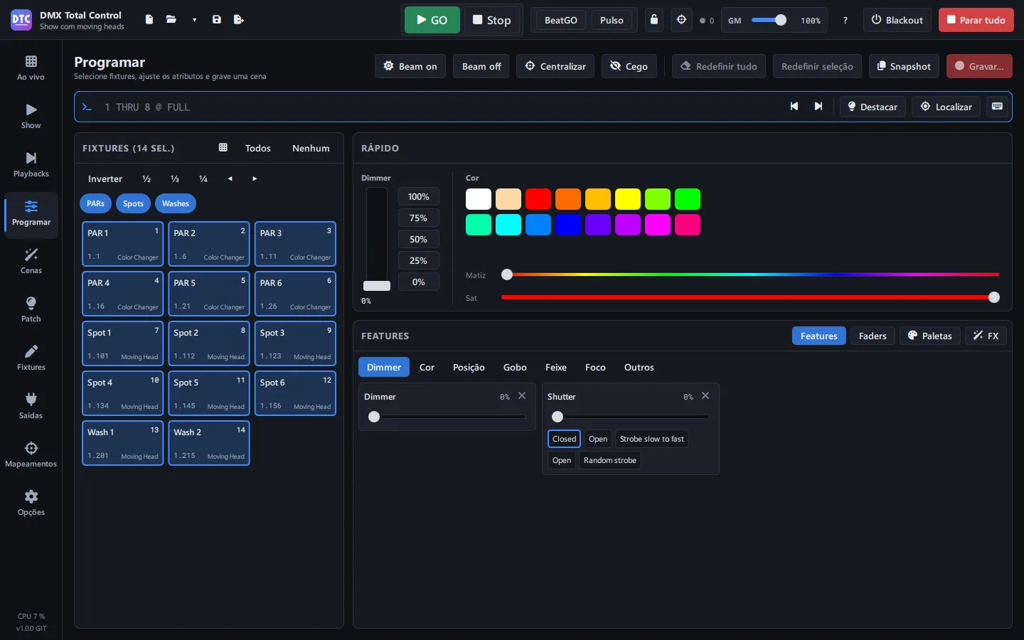 Um FX de pan e tilt na página Programar