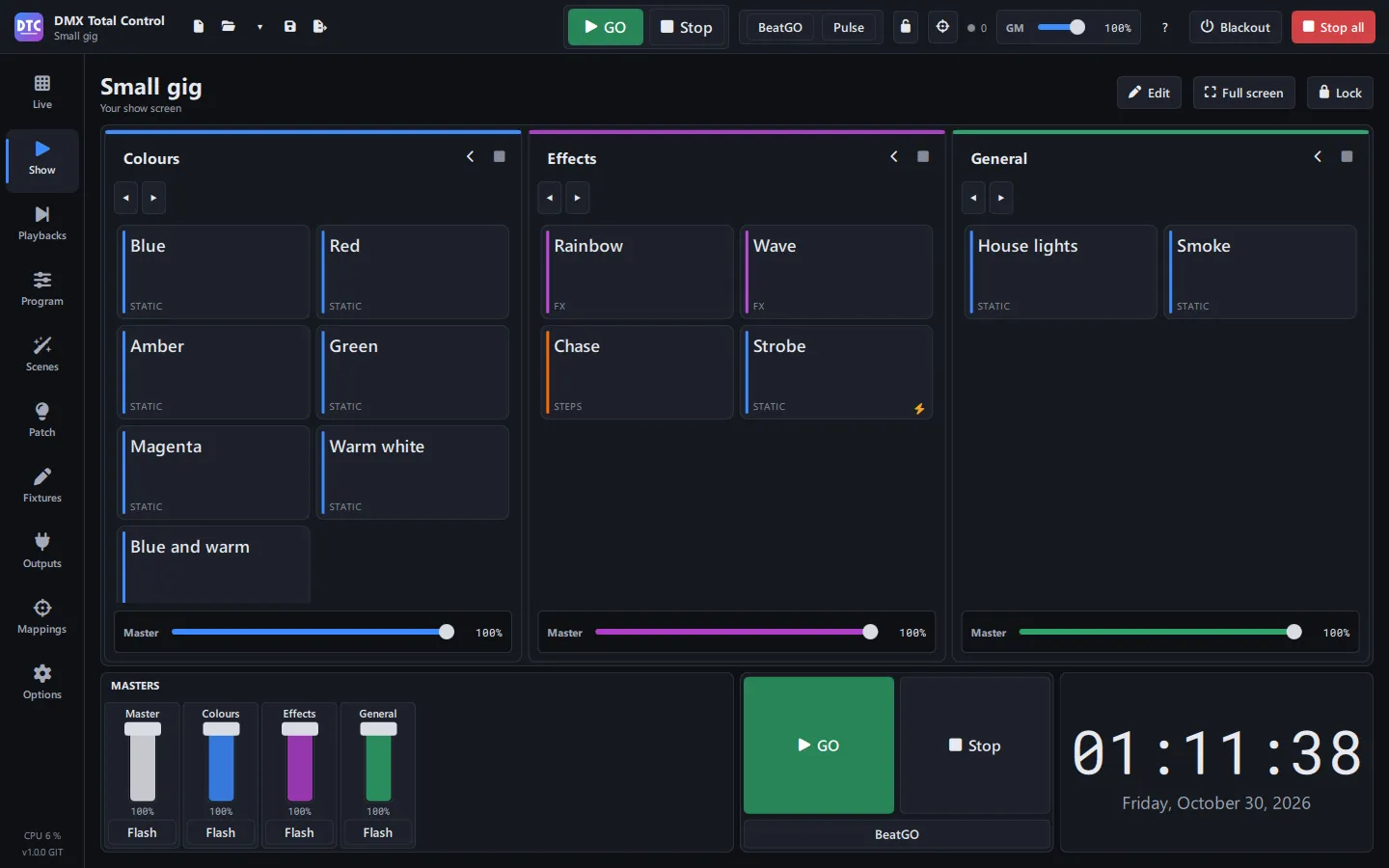 A SHOW screen with groups, masters, GO and a clock